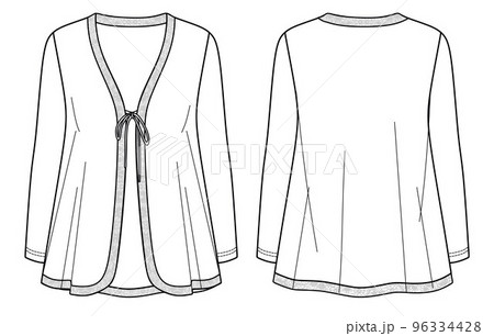 Vector long sleeved jacket fashion CAD, winter woman knitted cardigan with lace trim hem and bow detail technical drawing, template, flat, sketch. Jersey jacket with front, back view, white color 96334428