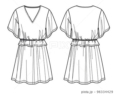 Vector V-neck dress technical drawing, fashionable short sleeved dress fashion CAD, flat, mini dress with ruffles flat, template. Jersey or woven fabric dress with front, back view, white color 96334429