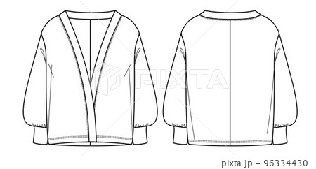 Vector dropped shouldered jacket fashion CAD, woman woven jacket with balloon sleeves technical drawing, template, flat, sketch. Jersey or woven fabric jacket with front, back view, white color 96334430
