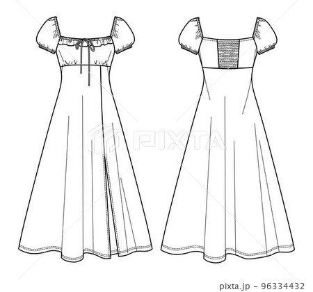 Vector short sleeve maxi dress technical drawing, woman dress with frill detail and gathered back fashion CAD, sketch, template, flat. Jersey or woven fabric dress with front, back view, white color 96334432