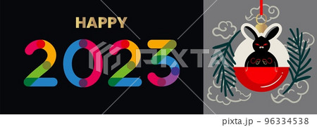 Happy New Year 2023, postcard banner with Black Rabbit, Chinese New Year symbol 96334538