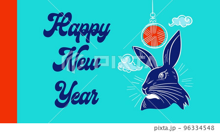 Happy New Year 2023, postcard banner with Black Blue Rabbit, Chinese New Year symbol Happy New Year 2023, postcard banner with Black Blue Rabbit, Chinese New Year symbol 96334548