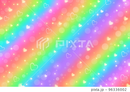 Rainbow fantasy background. Holographic illustration in pastel colors. Cute cartoon girly background. Bright multicolored sky with hearts. Vector. 96336002