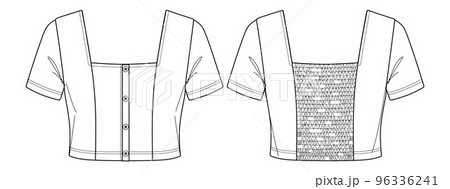Vector short sleeved t shirt fashion CAD, trendy woman square neck crop top technical drawing, fashionable blouse template, flat, sketch. Jersey or woven fabric blouse with front, back view, white col Vector short sleeved t shirt fashion CAD, trendy woman square neck crop top technical drawing, fashionable blouse template, flat, sketch. Jersey or woven fabric blouse with front, back view, white col 96336241