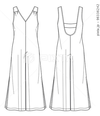 Vector woman "V" neck jumpsuit technical drawing, sleeveless jersey jumpsuit with opened back fashion CAD, straight wide legs jumpsuit template, flat, sketch. Jersey or woven fabric jumpsuit, white Vector woman "V" neck jumpsuit technical drawing, sleeveless jersey jumpsuit with opened back fashion CAD, straight wide legs jumpsuit template, flat, sketch. Jersey or woven fabric jumpsuit, white 96336242
