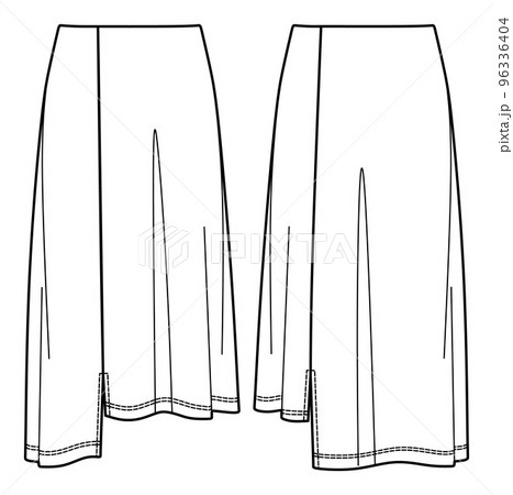 Vector midi skirt with slits fashion CAD, woman relaxed fit skirt technical drawing, jersey or woven fabric female bottom silhouette template, sketch, flat. Front, back view, white color, a shape 96336404