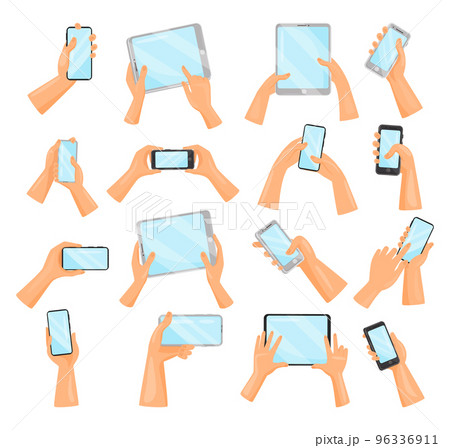 Hands Holding and Using Tablet PC and Smartphone as Wireless Gadget with Sensory Display Big Vector Set Hands Holding and Using Tablet PC and Smartphone as Wireless Gadget with Sensory Display Big Vector Set 96336911