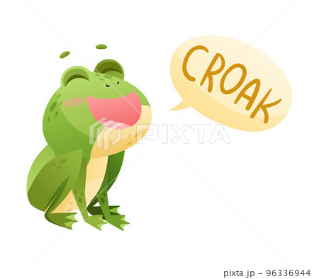 Cute Green Leaping Frog Character Sitting and Croaking Vector Illustration 96336944