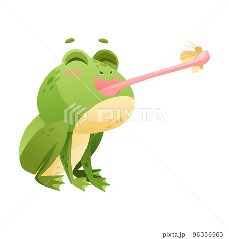 Cute Green Leaping Frog Character Catching Fly with Its Tongue Vector Illustration 96336963