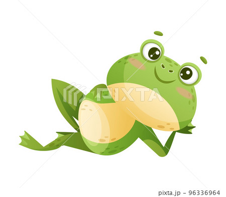 Cute Green Leaping Frog Character Lying and Smiling Vector Illustration 96336964