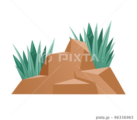Brown Stone Boulder and Grass Blades Vector Illustration 96336965