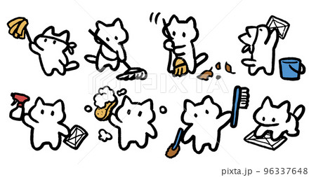 年末の大掃除をする猫　片付け　清掃　シンプルでかわいい装飾イラストセット 96337648