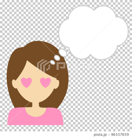 A woman whose eyes become hearts when she thinks of things she likes. delusional image. A woman whose eyes become hearts when she thinks of things she likes. delusional image. 96337659