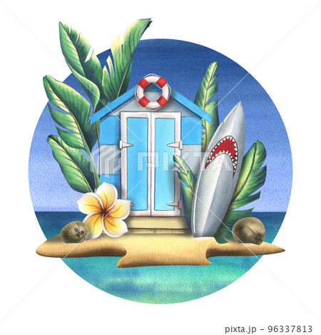 A wooden beach house, a garage on a tropical island with palm trees, a surfboard with coconuts against the background of the sky and the sea. Watercolor illustration from the SURFING collection. 96337813
