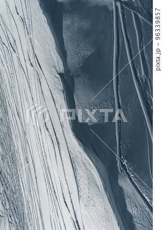 deep trace from ski and snowboard on snow winter mountain slope, freeride deep trace from ski and snowboard on snow winter mountain slope, freeride 96339857