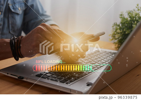 Casual Businessman Touching Mobile Phone and Orange Green Stick Loading Bar Casual Businessman Touching Mobile Phone and Orange Green Stick Loading Bar 96339875