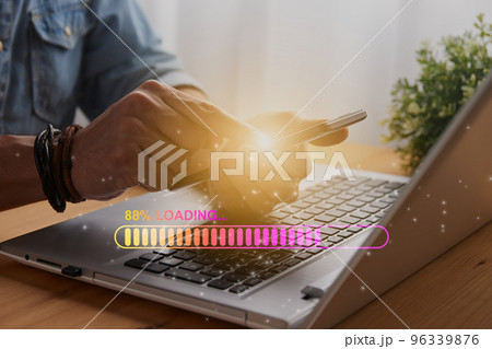 Casual Businessman Touching Mobile Phone and Yellow Magenta Stick Loading Bar 96339876