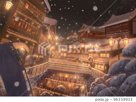 ポスターや年賀状など向け温泉街の雪景色（A4比率）のイラスト素材