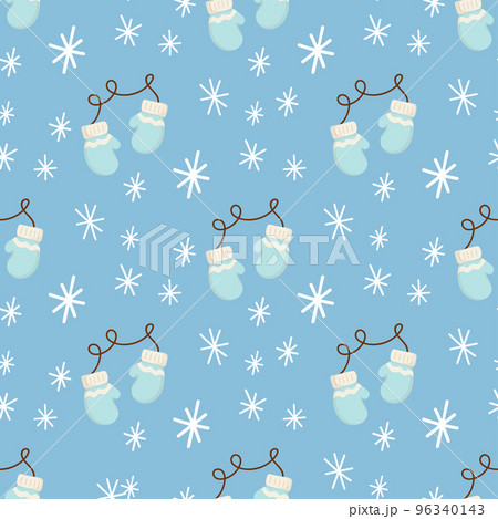 Cute Christmas seamless pattern with Christmas mittens and snowflakes. Hand drawn Vector illustration Cute Christmas seamless pattern with Christmas mittens and snowflakes. Hand drawn Vector illustration 96340143