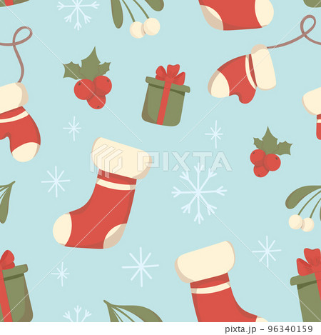 Cute Christmas seamless pattern with Christmas gift box, stockings, mittens, snowflakes, holly. Hand drawn Vector illustration 96340159