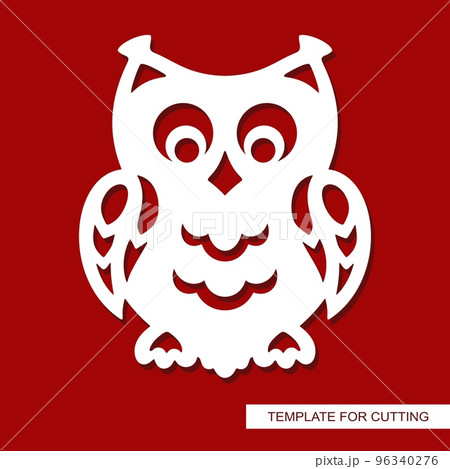 Funny figurine cute owl. Children's toy small bird with big eyes, wings. White object on a red background. Template for plotter laser cutting of paper, metal engraving, wood carving, cnc. Vector image Funny figurine cute owl. Children's toy small bird with big eyes, wings. White object on a red background. Template for plotter laser cutting of paper, metal engraving, wood carving, cnc. Vector image 96340276