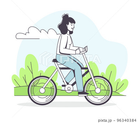 Woman Character Riding Bicycle in the Park Outline Vector Illustration 96340384