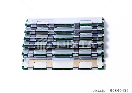 Computer memory card Close up memory socket on board computer server RAM on white background . system, main memory, random access memory, onboard, computer detail. Computer components . DDR3. DDR4. DD 96340452