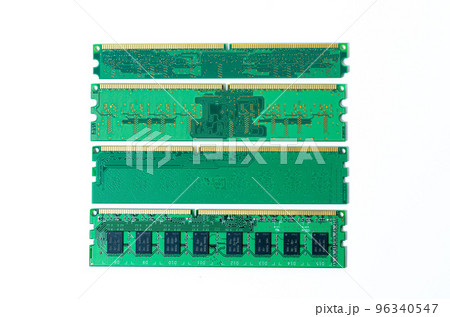 Computer memory card Close up memory socket on board computer server RAM on white background . system, main memory, random access memory, onboard, computer detail. Computer components . DDR3. DDR4. DD 96340547