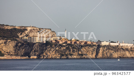 City Buildings, Homes and Mountain by the Sea. Sunny Sky. Gibraltar, United Kingdom 96342577
