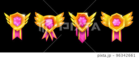 Game badge set, certified reward, vector winner level up ranking icon kit, golden certificate medal 96342661
