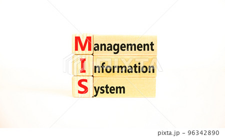 MIS management information system symbol. Concept words MIS management information system on wooden blocks on beautiful white background. Business MIS management information system concept. Copy space 96342890