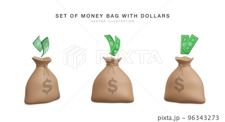 Set of 3d realistic money bags with green dollars banknote currency. Vector illustration Set of 3d realistic money bags with green dollars banknote currency. Vector illustration 96343273
