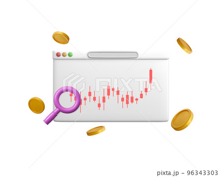 3D online trading with graph in browser. 3D Browser with business graph and flying coins. Vector trading icon for business investment. Vector illustration 96343303