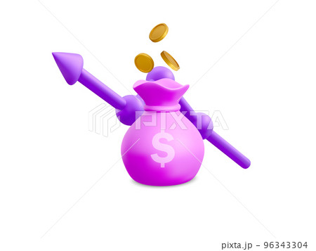 3D money bags, flying coins and growth arrow. Money growing business concept for busines, investment, online payment and payment. Vector illustration 96343304