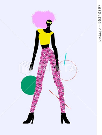 Stylish black woman with pink hair, vector fashion illustration 96343397