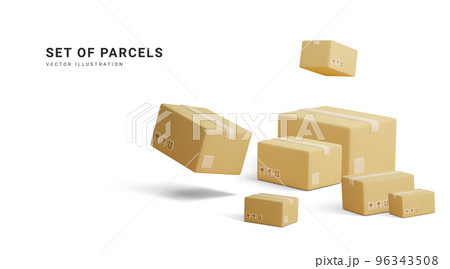 Set of parcels. Template of shopping packages. Cardboard boxes for packing and transportation of goods. Vector concept illustration 96343508