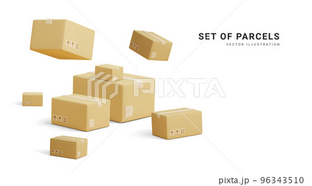 Set of parcels. Template of shopping packages. Cardboard boxes for packing and transportation of goods. Vector concept illustration 96343510