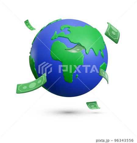 Realistic 3d planet Earth with flying paper curency on white background. Vector illustration Realistic 3d planet Earth with flying paper curency on white background. Vector illustration 96343556