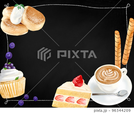 喫茶店ーコーヒーラテースイーツのイラストと黒板のメニュー手描き素材 96344209