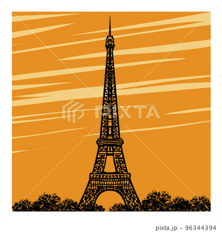 Silhouette of eiffel tower in paris with evening sunset Silhouette of eiffel tower in paris with evening sunset 96344394