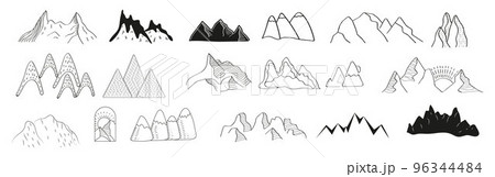 Mountains doodle icons vector set. Rocks silhouettes sets. Mountain ranges and tops in a linear style. Winter hiking logo. 96344484