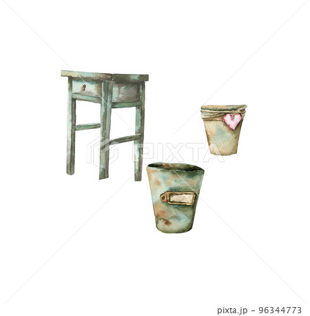 Hand drawn watercolor set of home comfort elements. Old stool, flower pots.Rural life. Home cooking. isolated on white background. Watercolor hand drawn illustration. Can be used for greetings cards Hand drawn watercolor set of home comfort elements. Old stool, flower pots.Rural life. Home cooking. isolated on white background. Watercolor hand drawn illustration. Can be used for greetings cards 96344773