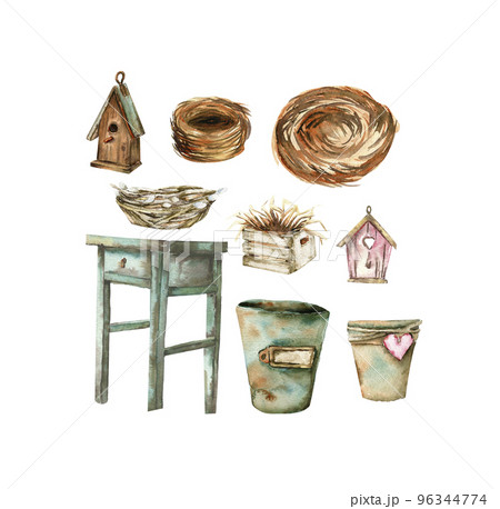 Hand drawn watercolor set of home comfort elements and nests. Old stool, flower pots, birds house, nest .isolated on white background. Watercolor hand drawn illustration. Can be use for posters. Hand drawn watercolor set of home comfort elements and nests. Old stool, flower pots, birds house, nest .isolated on white background. Watercolor hand drawn illustration. Can be use for posters. 96344774