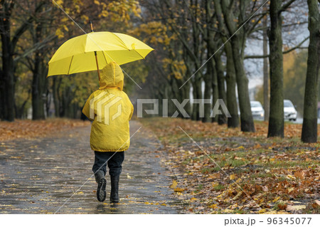 Back view on boy with an umbrella walking in the rain in autumn park. Child on the walk. 96345077