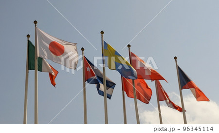 Various national flags countries under a blue sky 96345114