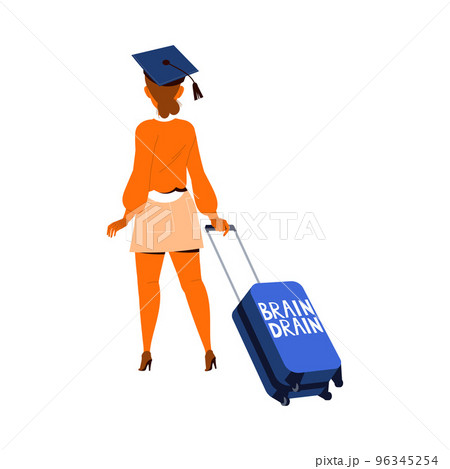 Woman in Graduation Cap with Suitcase Leaving Place of Residence as Mass Emigration Vector Illustration 96345254
