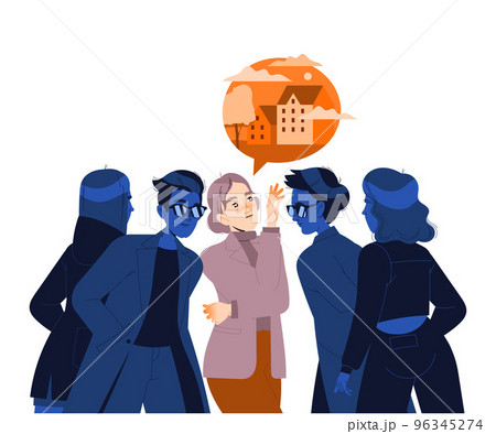 Young Woman Thinking of Emigration and Changing Place of Living with Surrounded People Listening Vector Illustration Young Woman Thinking of Emigration and Changing Place of Living with Surrounded People Listening Vector Illustration 96345274
