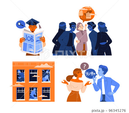 Mass Emigration with People Characters Adapting and Settling in New Country Vector Set 96345276