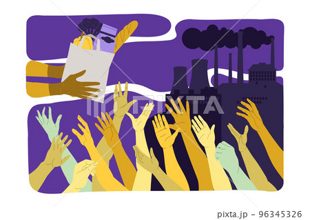 Food Crisis and Shortage with Hand Donating Product Bag to Crowd of Reaching Hands Vector Illustration 96345326