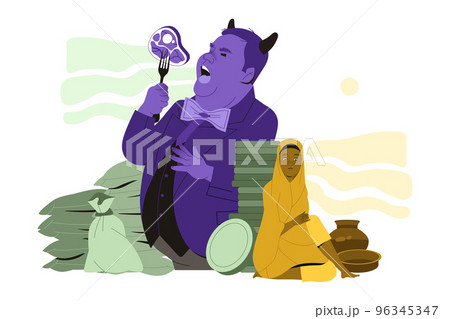 Food Crisis and Shortage with Fat Man Eating Steak and Poor Woman with Empty Utensils Vector Illustration Food Crisis and Shortage with Fat Man Eating Steak and Poor Woman with Empty Utensils Vector Illustration 96345347
